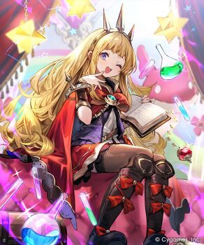 1girl artist_request black_boots black_thighhighs blonde_hair blush book boots cagliostro_(granblue_fantasy) cape commentary_request granblue_fantasy hairband highres holding holding_book knee_boots long_hair looking_at_viewer official_art one_eye_closed open_mouth purple_eyes purple_vest red_cape red_skirt shadowverse shadowverse:_worlds_beyond shirt sidelocks sitting skirt solo thighhighs vest white_shirt