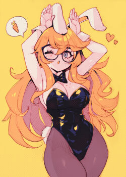 Rule 34 | 1girl, ;o, animal ears, armpits, arms up, black-framed eyewear, black bow, black bowtie, black leotard, blue eyes, body freckles, bow, bowtie, breast freckles, breasts, brown pantyhose, carrot, cleavage, commentary, cowboy shot, english commentary, fake tail, freckles, glasses, heart, highres, kaz asteri, large breasts, leotard, long hair, looking at viewer, negative frames, one eye closed, orange hair, pantyhose, parororo, playboy bunny, rabbit ears, rabbit pose, rabbit tail, simple background, solo, spoken food, strapless, strapless leotard, tail, white wrist cuffs, wrist cuffs, yellow background