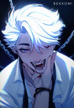 1boy 1other absurdres backlighting bekkomi blood blood_from_mouth chain collared_shirt curtained_hair fangs glowing grabbing_another&#039;s_face head_grab highres male_focus neck_ribbon nice_(to_be_hero_x) open_mouth pectoral_cleavage pectorals pov pov_hands purple_eyes ribbon shirt short_hair swept_bangs to_be_hero to_be_hero_x upper_body white_hair white_shirt