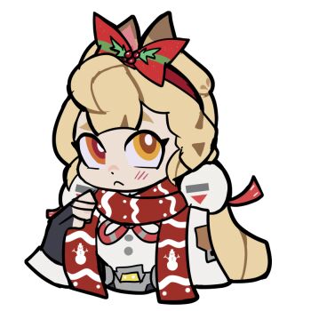 1girl alice_thymefield animal_ears black_gloves blonde_hair bow bright_pupils commentary english_commentary gloves hair_bow hairband heterochromia orange_eyes rabbit_ears red_bow red_hairband red_scarf scarf shirt simple_background solo spookshacks upper_body white_background white_pupils white_shirt yellow_eyes zenless_zone_zero