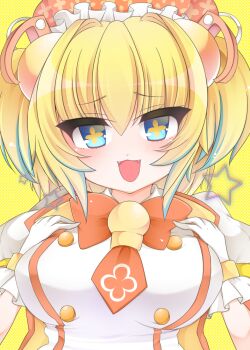 Rule 34 | 1girl, :3, :d, aqua streaks, beret, blonde hair, blue eyes, bombergirl, breasts, clover-shaped pupils, commentary request, dress, gloves, hands on own chest, hat, large breasts, looking at viewer, medium hair, multicolored hair, open mouth, pine (bombergirl), smile, solo, streaked hair, suzume (s z m0306), symbol-shaped pupils, white dress, white gloves, yellow background, yellow hat