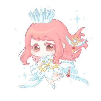 Rule 34 | 1girl, :o, bare shoulders, brown eyes, cardcaptor sakura, chibi, chinese commentary, coattails, colored eyelashes, commentary request, cosplay, crown, dress, expressionless, feather dress, floating hair, frilled gloves, frills, gloves, holding, holding wand, kinomoto sakura, kinomoto sakura (clear wings), kinomoto sakura (cosplay), leg up, light blush, long hair, magical girl, medium dress, nikki (nikki), nikki (series), parted lips, pink hair, shining nikki, shoes, sidelocks, simple background, sleeveless, sleeveless dress, solo, sparkle, tareme, turtleneck, turtleneck dress, very long hair, wand, wavy hair, white background, white crown, white dress, white gloves, white shoes, xiaoyu qixing