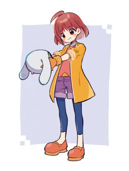 1girl ahoge atari_(puyopuyo) blue_leggings brown_hair brown_shoes closed_mouth coat full_body gloves highres holding kaxxxxx_324 leggings looking_at_another non-humanoid_robot open_clothes open_coat orange_coat orange_gloves purple_shorts puubot_(puyopuyo) puyopuyo puyopuyo_quest red_eyes red_shirt robot shirt shoes short_hair shorts sleeves_rolled_up smile standing