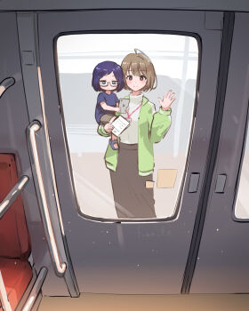 2girls a-chan_(hololive) aged_down ahoge blue_hair brown_hair carrying carrying_person cellphone door fian_f.n glasses hair_ornament hairclip harusaki_nodoka highres hololive lanyard long_skirt multiple_girls phone shirt short_hair skirt smartphone sweater train train_interior turtleneck turtleneck_sweater virtual_youtuber waving