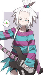 Rule 34 | 1girl, bass guitar, black shorts, border, closed mouth, collarbone, commentary request, creatures (company), game freak, gazacy (dai), green eyes, green shirt, grey background, hair bobbles, hair ornament, half-closed eyes, highres, holding, holding instrument, instrument, looking down, nintendo, outstretched arm, pokemon, pokemon bw2, roxie (pokemon), shirt, shorts, solo, striped clothes, striped shirt, topknot, white border, white hair