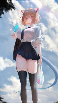1girl absurdres animal_ear_fluff animal_ears arknights bag black_skirt black_thighhighs blonde_hair blue_necktie blush breasts cloud collared_shirt commentary_request day feet_out_of_frame food from_below hair_ornament hairclip highres holding holding_bag holding_food ikasamahideo large_breasts looking_at_viewer miniskirt necktie outdoors parted_lips pleated_skirt popsicle purple_eyes school_bag school_uniform shirt shirt_tucked_in short_hair skirt sky sleeves_rolled_up solo standing sweat tail thighhighs thighs utage_(arknights) white_shirt x_hair_ornament