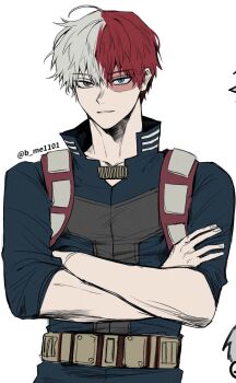 Rule 34 | 1boy, b me1101, belt, blue eyes, blue shirt, boku no hero academia, brown eyes, burn scar, collarbone, collared shirt, cowboy shot, crossed arms, heterochromia, highres, male focus, multicolored hair, parted lips, red hair, scar, scar across eye, scar on face, shirt, short hair, simple background, solo, split-color hair, todoroki shoto, twitter username, white background, white hair