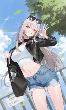 Rule 34 | 1girl, absurdres, bag, black choker, black jacket, blue shorts, breasts, choker, commentary request, commission, crop top, cropped jacket, cutoffs, day, denim, denim shorts, dutch angle, exposed pocket, eyewear on head, grin, highres, jacket, korean commentary, large breasts, long hair, long sleeves, looking at viewer, midriff, multicolored hair, navel, ok sign, open clothes, open jacket, original, outdoors, red eyes, shirt, short shorts, shorts, shoulder bag, smile, solo, stomach, streaked hair, sunglasses, thighs, very long hair, white hair, white shirt, yoba