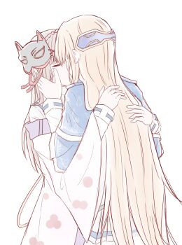 Rule 34 | 2girls, absurdres, blonde hair, braid, breasts, brown hair, capelet, commentary request, crown braid, fox mask, hair ornament, heaven burns red, highres, japanese clothes, kiryuu miya, kiss, long hair, mask, mask on head, mole, mole under eye, multiple girls, shenyan256, shirakawa yuina, shirt, sidelocks, white shirt, wide sleeves, yuri