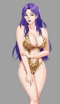 1girl absurdres animal_print bare_arms bare_shoulders breasts brown_eyes casual_one-piece_swimsuit cleavage clothing_cutout collarbone feet_out_of_frame grey_background groin gxtsjs highleg highleg_swimsuit highres holding_own_arm large_breasts leopard_print lips lipstick long_hair looking_at_viewer makeup mature_female navel navel_cutout one-piece_swimsuit parted_bangs parted_lips purple_hair red_eyes red_lips simple_background smile solo standing swimsuit thighs
