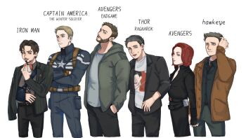 1girl 5boys animification arm_sling avengers:_endgame avengers_(series) beard belt black_belt black_bodysuit black_gloves black_hair black_jacket black_necktie black_pants black_shirt black_widow blonde_hair blue_bodysuit blue_eyes bodysuit brown_belt brown_eyes brown_gloves brown_hair brown_jacket bruce_banner burger buttons captain_america captain_america:_the_winter_soldier captain_america_(series) clint_barton closed_mouth collared_shirt commentary_request copyright_name cowboy_shot crossed_arms eating english_text facial_hair fingerless_gloves food formal_clothes from_side g_wee2 gloves green_eyes green_hoodie green_pants grey_hair grey_shirt hand_in_pocket hand_on_own_head hand_up hawkeye_(disney+) heterochromia highres holding holding_burger holding_food hood hoodie iron_man_(2008) iron_man_(series) jacket lapels looking_afar looking_at_viewer looking_up marvel multiple_boys natasha_romanoff necktie open_clothes open_hoodie open_jacket open_mouth pants pocket polka_dot_necktie red_hair scar scar_across_eye scar_on_face shirt short_hair simple_background standing star_(symbol) steve_rogers striped_clothes striped_jacket suit suit_jacket superhero_costume sweatdrop t-shirt the_avengers_(2012) thor:_ragnarok thor_(marvel) thor_(marvel)_(series) tony_stark vertical-striped_clothes vertical-striped_jacket white_background white_shirt zipper