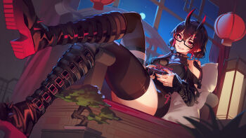 1girl belt_boots black-framed_eyewear black_boots black_hair black_nails black_shirt black_skirt black_thighhighs bonsai boots bra bra_peek breasts clothing_cutout collar colored_shoe_soles commentary commission controller crossed_legs dethmaid earrings english_commentary fingernails full_moon game_controller glasses grin hair_between_eyes hair_extensions high_heel_boots high_heels highres holding holding_controller holding_game_controller horns indie_virtual_youtuber indoors jewelry knee_boots lantern large_breasts lattice legs long_fingernails looking_at_viewer maki_(oni_kanzei) moon nail_polish night paper_lantern pillow platform_boots pointy_ears reclining red_eyes ring_hair_extensions see-through_clothes see-through_shirt semi-rimless_eyewear shirt shoe_soles shoulder_cutout skirt smile solo spiked_boots spiked_collar spikes thighhighs under-rim_eyewear underwear virtual_youtuber