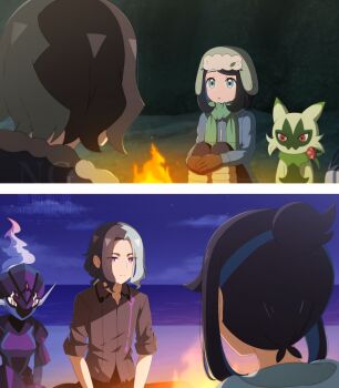 1boy 1girl amethio_(pokemon) black_pantyhose blue_jacket bright_pupils brown_gloves ceruledge closed_mouth cloud collared_shirt commentary_request fire floragato gloves green_hat green_scarf hat highres jacket kinoneko_(ekakenaisan) liko_(pokemon) multicolored_hair night nintendo outdoors pantyhose pokemon pokemon_(anime) pokemon_(creature) pokemon_horizons purple_eyes scarf shirt shore short_hair sitting sky two-tone_hair white_pupils