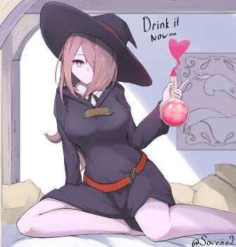 1girl alternate_breast_size bed blouse breasts closed_mouth collared_shirt commentary english_commentary english_text hair_over_one_eye hat highres large_breasts light_purple_hair little_witch_academia long_hair md5_mismatch pale_skin pink_eyes pink_hair potion purple_hat red_eyes self-upload shirt sitting solo soveno sucy_manbavaran white_shirt witch witch_hat