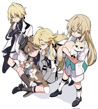 4boys animal aqua_vest black_gloves black_hat black_shoes blonde_hair brown_hair brown_socks cat closed_mouth full_body gloves green_eyes hair_between_eyes hat highres holding holding_animal holding_cat honkai:_star_rail honkai_(series) honkai_impact_3rd jacket long_hair luocha_(honkai:_star_rail) multiple_boys open_clothes open_jacket otto_apocalypse parted_bangs shadow shoes shorts simple_background sitting smile socks teeth vest void_archives welt_yang white_background white_jacket white_shorts white_socks yuelinpanp98413