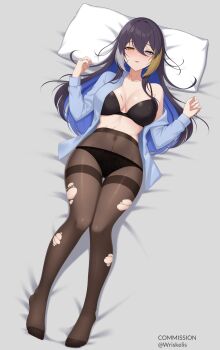 Rule 34 | absurdres, alina svard kovalenko (laotianaviator), breasts, commission, heterochromia, highres, large breasts, long hair, lying, on back, open clothes, open shirt, original, panties, pantyhose, scar, scar on face, torn clothes, torn pantyhose, underwear, wriskelis