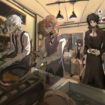 4boys black_dress black_jacket blue_vest breasts brown_eyes brown_hair bungou_stray_dogs can ceiling_light character_request cleavage collared_shirt cooking crossed_bangs curtains dazai_osamu_(bungou_stray_dogs) double-parted_bangs dress frying_pan hair_between_eyes head_tilt holding holding_plate indoors jacket kitchen multiple_boys nakahara_chuuya_(bungou_stray_dogs) plate pov rintouru_2 shelf shirt short_hair sink sitting spoken_emoji stove suspenders table vest white_shirt window