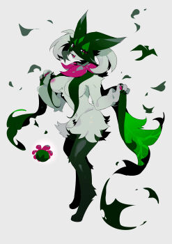 1girl animal_feet animal_hands animal_nose areola_slip body_fur breasts cat_girl claws covered_erect_nipples fang female_focus floating floating_object full_body furry furry_female green_fur green_hair grey_background half-closed_eyes happy large_breasts looking_at_viewer meowscarada nintendo open_mouth pawpads pink_eyes pokemon pokemon_(creature) short_hair simple_background skin_fang smile solo standing two-tone_fur yarengekiryu