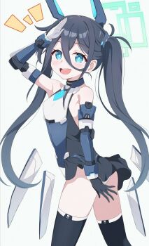 1girl :d aqua_halo aris_(armed)_(blue_archive) aris_(blue_archive) ass black_skirt black_thighhighs blue_archive blue_eyes breasts gloves hair_between_eyes halo highres itaba_atsushi loli long_hair looking_at_viewer official_alternate_costume open_mouth panties round_teeth skirt small_breasts smile solo standing teeth thighhighs thighs twintails underwear upper_teeth_only white_gloves white_panties