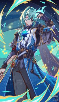 1boy anaxa_(honkai:_star_rail) ascot beiduan black_gloves black_pants blue_hair book chinese_text closed_mouth coat eyepatch fingerless_gloves genius_invokation_tcg_(style) gloves hair_between_eyes highres holding honkai:_star_rail honkai_(series) long_hair long_sleeves looking_at_viewer low_ponytail male_focus pants ponytail red_eyes shirt side_ponytail solo