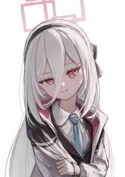 Rule 34 | 1girl, absurdres, arm under breasts, black hairband, black ribbon, black suit, blue archive, blue necktie, blush, bright pupils, closed mouth, collared shirt, commentary request, double-parted bangs, eyelashes, formal clothes, frown, furrowed brow, hair between eyes, hair ribbon, hairband, halo, hand on own arm, highres, jacket, kei (blue archive), kei (new body) (blue archive), kogure0012, long hair, long hair between eyes, long sleeves, necktie, open clothes, open jacket, pink halo, rectangular halo, red eyes, ribbon, ringed eyes, school uniform, shirt, sidelighting, simple background, solo, split mouth, suit, sweatdrop, tsurime, upper body, very long hair, white background, white hair, white jacket, white pupils, white shirt