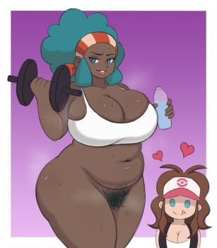 2girls blue_eyes blue_hair border bottle bottomless breasts brown_hair citrus_doodles cleavage cleft_of_venus dark-skinned_female dark_skin drink dumbbell exercising hat headband heart highres hilda_(pokemon) holding holding_bottle holding_drink large_breasts lenora_(pokemon) licking_lips mature_female multiple_girls navel nintendo outside_border plump pokemon pokemon_bw pubic_hair purple_background simple_background smile sports_bra standing steam sweat thick_thighs thighs tongue tongue_out very_dark_skin water_bottle weightlifting white_border wide_hips