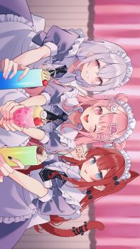 3girls ;d absurdres amai_melo animal-themed_food animal_ears animal_print apron black_bow black_nails black_necktie bow braid cat_ears cat_girl cat_print cat_tail cherry collar commentary_request commission contrast_collar cup double_bun dress drinking_straw flat_chest food frilled_apron frills fruit glass grey_dress grey_eyes hair_between_eyes hair_bow hair_bun hair_ornament hair_ribbon hairclip heart heart-shaped_food highres holding holding_cup ice ice_cream indoors light_blush long_hair looking_at_viewer maid_headdress multiple_girls necktie one_eye_closed open_mouth original outstretched_arm outstretched_arms paw_pose pink_eyes pink_hair puffy_short_sleeves puffy_sleeves red_hair ribbon short_necktie short_sleeves sideways smile strawberry tail tail_bow tail_ornament teeth tongue tongue_out upper_body upper_teeth_only waitress white_collar white_hair white_ribbon