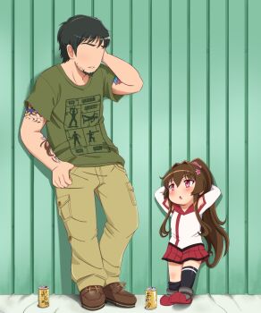 10s 1boy 1girl artist_self-insert asymmetrical_legwear bad_id bad_pixiv_id beard black_hair brown_hair can faceless faceless_male facial_hair father_and_daughter gradient_background hair_ornament highres kantai_collection ko-yamato leaning_back long_hair open_mouth pants pink_eyes ponytail shin'en-san_(shin'en) shin'en_(gyokuro_company) shirt shoes short_hair skirt striped_background t-shirt tattoo uneven_legwear