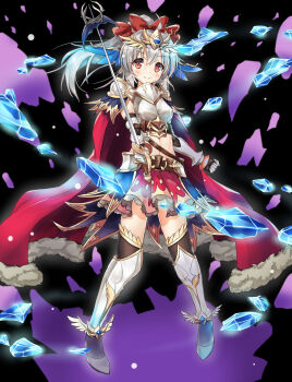 1girl angelic_link armor black_background blush breasts cape detached_sleeves floating_hair full_body gem grey_hair hair_ornament highres holding holding_weapon karuru634 long_hair medium_breasts orange_eyes ponytail smile sword tachi-e weapon