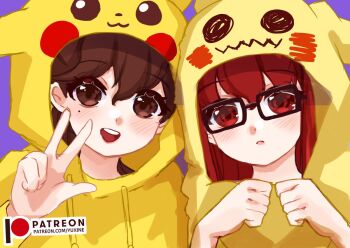 2girls :d black-framed_eyewear blush brown_eyes brown_hair clenched_hands commentary cosplay english_commentary gen_1_pokemon gen_7_pokemon glasses hair_between_eyes hand_up hands_up heart heart_in_eye hood hood_up looking_at_viewer mimikyu mimikyu_(cosplay) mole mole_under_eye multiple_girls nintendo onesie open_mouth patreon_logo patreon_username persona persona_5 persona_5_the_royal pikachu pikachu_(cosplay) pokemon portrait purple_background rectangular_eyewear red_hair siblings sisters smile symbol_in_eye teeth upper_teeth_only v watermark web_address yoshizawa_kasumi&#039;s_sister yoshizawa_sumire yuxine