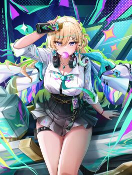 1girl aqua_necktie arm_up black_skirt blonde_hair blowing_bubble_gum breasts can chewing_gum cleavage collarbone commentary earrings from_above gradient_hair graffiti green_hair hair_between_eyes hair_ornament headphones headphones_around_neck highres holding holding_can id_card jacket jewelry looking_at_viewer looking_up lynae_(wuthering_waves) multicolored_hair necklace necktie purple_eyes shirt skirt skull_hair_ornament solo spray_can star_(symbol) star_earrings white_jacket white_shirt wuthering_waves yuheng-art