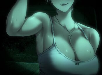 1girl arm_up armpits bare_shoulders breasts cleavage collarbone commentary cross cross_earrings cross_necklace dark-skinned_female dark_skin earrings english_commentary english_text eyes_out_of_frame game_screenshot_background head_out_of_frame highres jewelry large_breasts may_(ulularts) necklace no_i'm_not_a_human open_mouth original outdoors screenshot_background short_hair smile solo sweat tank_top teeth tomboy ulularts upper_body upper_teeth_only white_tank_top