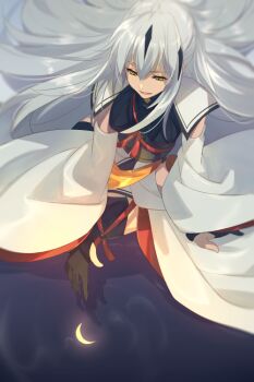 1girl armor black_hair black_thighhighs breasts collar crescent_moon echo_(circa) fate/grand_order fate_(series) green_eyes hair_between_eyes japanese_armor koha-ace long_hair long_skirt long_sleeves medium_breasts metal_collar moon multicolored_hair nagao_kagetora_(fate) reflection sash shoulder_armor sidelocks skirt smile sode solo thighhighs two-tone_hair very_long_hair water white_hair white_skirt wide_sleeves yellow_sash