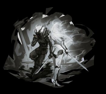 Rule 34 | 1boy, 1girl, arm guards, armor, baggy pants, black gloves, black robe, boots, breastplate, column, fingerless gloves, full body, gloves, hand up, highres, holding, holding sword, holding weapon, horns, knight, logicsterrr, long hair, mask, monochrome, nephis (shadow slave), oni mask, pants, pillar, robe, shadow slave, shoulder pads, standing, standing on one leg, sunny (shadow slave), sword, weapon, white hair