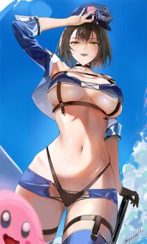 1girl :d arm_support artist_name azur_lane baltimore_(azur_lane) baltimore_(finish_line_flagbearer)_(azur_lane) bare_shoulders black_gloves black_panties blue_jacket blue_sky blush boots braid breasts brown_hair commentary condom condom_wrapper crop_top cropped_jacket crossover day from_below frontless_outfit gloves gluteal_fold hair_between_eyes half-closed_eyes hand_on_own_forehead happy hat highleg highleg_panties highres hip_focus holding holding_condom jacket kirby kirby_(series) looking_at_viewer looking_down medium_breasts micro_shorts midriff navel nintendo no_bra off_shoulder official_alternate_costume open_clothes open_jacket open_mouth outdoors panties porroll race_queen short_hair shorts single_braid sky smile solo stomach strap teeth thigh_boots thighs twitter_username underboob underwear upper_teeth_only yellow_eyes