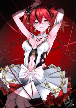 1girl absurdres armpits arms_up black_flower blake_bloom_(wuthering_waves) breasts camellya_(wuthering_waves) closed_mouth clothing_cutout collarbone commentary dress earrings feet_out_of_frame flower gold_earrings hair_between_eyes hair_flower hair_ornament hair_ribbon hair_vines highres jewelry large_breasts looking_at_viewer navel nekobox official_alternate_hair_color pantyhose red_background red_eyes red_hair red_pupils red_ribbon ribbon short_hair short_twintails signature single_leg_pantyhose smile solo stomach_cutout tacet_mark_(wuthering_waves) twintails white_dress white_pantyhose wuthering_waves