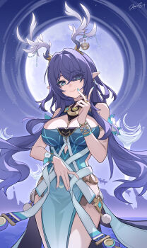 Rule 34 | 1girl, absurdres, antler ornament, antlers, aqua dress, aqua eyes, aqua nails, bare shoulders, breasts, chinese commentary, cleavage, closed mouth, commentary request, cowboy shot, deer antlers, deer girl, dress, eyes visible through hair, flower, flower ornament, genshin impact, gold, hair intakes, hair over one eye, hand on own stomach, hand up, highleg, highleg dress, highres, horns, large breasts, lauma (genshin impact), long hair, looking at viewer, moon, nekochan233, pelvic curtain, pink pupils, pointy ears, purple hair, sleeveless, sleeveless dress, smile, solo, standing, swept bangs, white flower