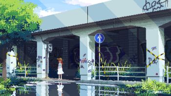 1girl abandoned animated animated_gif artist_name blinking blue_sky cloud commentary day dithering english_commentary graffiti grass hat highres light_rays looping_animation original outdoors pixel_art railing red_hair reflection reflective_liquid scenery seaeees sign sky solo standing sunlight tree water wide_shot wind