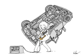 Rule 34 | 1girl, absurdres, amplifier, barefoot, cable, car, commentary, electric guitar, greyscale, guitar, highres, holding, holding guitar, holding instrument, instrument, kaduise, monochrome, motor vehicle, no pants, original, oversized clothes, oversized shirt, shirt, short hair, signature, solo, spot color, standing