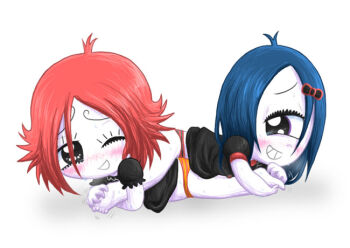 2girls 4kaku3kaku ahoge barefoot black_bow black_hair black_shirt blush bow colored_skin cyclops dress freckles hair_bow iris_(ruby_gloom) laughing long_hair multiple_girls one-eyed orange_panties panties parted_bangs puffy_sleeves red_hair red_panties ruby_gloom ruby_gloom_(character) shirt short_hair short_sleeves smile striped_clothes striped_panties tickling tickling_feet underwear white_skin