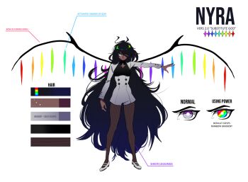1girl above-cleavage_cutout ahoge black_hair black_pantyhose breasts character_name clothing_cutout color_guide crystal_wings dark-skinned_female dark_skin diagram dress english_text full_body graveweaver i&#039;m_the_grim_reaper long_hair messy_hair nyra_(i&#039;m_the_grim_reaper) official_art outstretched_arm pantyhose reference_sheet serious solo very_long_hair white_dress wings zooming_in