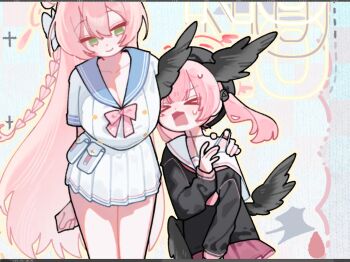 &gt;_&lt; 2girls ahoge black_hat black_serafuku black_wings blue_archive blue_sailor_collar blush bow feathered_wings finger_under_clothes green_eyes halo hanako_(blue_archive) hat head_wings height_difference koharu_(blue_archive) long_hair long_sleeves low_wings multiple_girls nagakiras2 neckerchief pink_hair pink_halo pink_neckerchief pink_skirt pleated_skirt sailor_collar school_uniform serafuku shirt skirt smile sweat twintails white_bow white_sailor_collar winged_halo wings