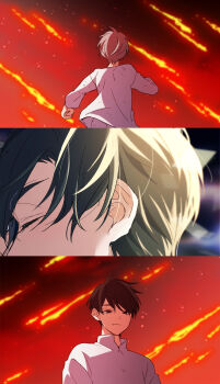 Rule 34 | 2boys, alien stage, black hair, closed eyes, closed mouth, commentary, grey hair, highres, ivan (alien stage), long sleeves, male focus, meteor shower, multiple boys, red sky, running, sazare (sazozo0), shirt, sky, smile, thumbnail collage, till (alien stage), white shirt