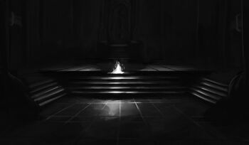 absurdres burning fire gloxartx greyscale highres indoors monochrome no_humans scenery shadow_slave stairs throne tile_floor tiles