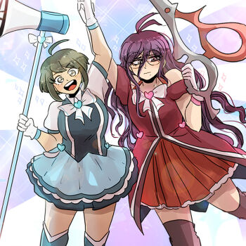 ahoge alternate_costume antenna_hair arm_up bare_shoulders blue_shirt blue_skirt blush bow breasts closed_mouth commentary danganronpa_(series) danganronpa_another_episode:_ultra_despair_girls english_commentary eyelashes fukawa_toko glasses gloves green_eyes green_hair hair_between_eyes holding holding_hands holding_megaphone holding_scissors holding_weapon magical_girl megaphone ministarfruit mole mole_under_mouth naegi_komaru open_mouth purple_eyes purple_hair red_shirt round_eyewear scissors shirt short_hair short_sleeves sidelocks skirt smile teeth upper_teeth_only wavy_mouth weapon white_bow white_gloves