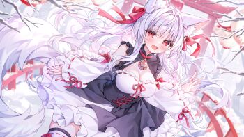 1girl alllisso animal_ears blush breasts choker cleavage commentary_request dress fluffy_hair fox_tail frills hair_ornament highres long_hair outdoors red_eyes ribbon shrine smile snow tail white_hair winter