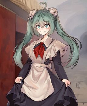 1girl absurdres ahoge alternate_costume apron aqua_eyes aqua_hair black_dress closed_mouth commentary dress english_commentary hatsune_miku highres long_hair long_sleeves luuwruf pioneer_neckerchief school_uniform skirt_hold slavic_miku smile solo soviet soviet_school_uniform twintails vocaloid watermark white_apron worldwide_miku