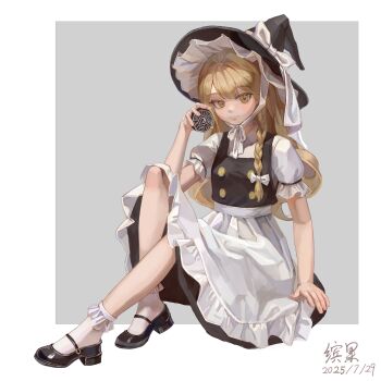 Rule 34 | 1girl, absurdres, apron, bing guo, blonde hair, boots, bow, braid, broom, broom riding, brown boots, dress, frilled hair tubes, frills, hair bow, hair tubes, hat, hat bow, highres, kirisame marisa, long braid, long hair, mary janes, mini-hakkero, ribbon, shirt, shoes, short sleeves, side braid, simple background, single braid, skirt, smile, solo, touhou, waist apron, white bow, white shirt, witch hat, yellow eyes