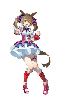 1girl absurdres blush bow brown_hair clenched_hand corset hair_bow hair_ribbon hako_(misheyes) highres kneehighs long_hair looking_at_viewer one_eye_closed open_mouth pink_bow pink_corset pink_shoes pointing pointing_at_viewer puffy_short_sleeves puffy_sleeves purple_bow purple_ribbon red_socks ribbon shirt shoes short_sleeves sidelocks skirt smart_falcon_(love_4ever)_(umamusume) smart_falcon_(umamusume) sneakers socks solo thigh_strap twintails umamusume white_shirt white_skirt wrist_cuffs yellow_bow yellow_eyes