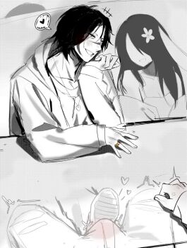 1girl 2boys anger_vein blush bulge cheating_(relationship) collarbone erection erection_under_clothes face_piercing flower foot_on_crotch gold_ring greyscale hair_flower hair_ornament head_on_hand heart highres hood hood_down hooded_jacket husband_and_wife jacket jewelry lip_piercing long_hair long_sleeves male_focus monochrome multiple_boys necklace netorare open_clothes open_jacket open_mouth pants parted_bangs piercing pov pov_across_table pov_crotch pov_hands pressure_(roblox) ring roblox scar scar_on_face scar_on_nose sebastian_solace shirt short_hair simple_background sitting solo_focus spoken_heart teasing trembling under_table wedding_ring x-ray yaoi